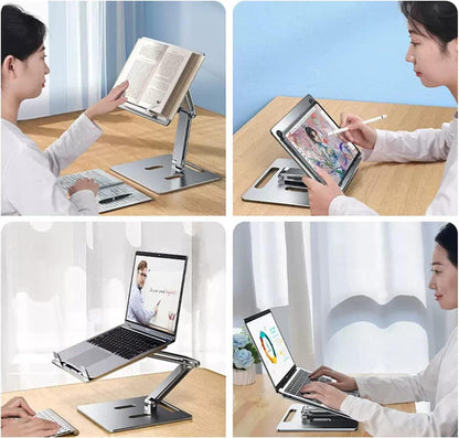 Computer Stand - Adjustable Lift Stand - Suitable for laptop, tablet, textbooks, cookbooks and magazines - Cooling vents - Metal - Silver.