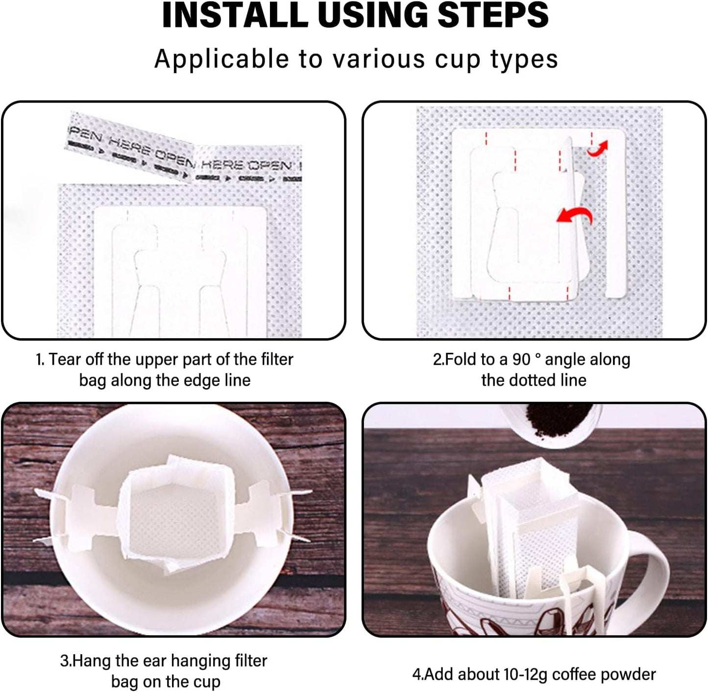 Coffee Filter Bags - with Hanging Loop - Portable Paper Coffee Filters for Most Cups - Travel, Camping, Home, Office - Pack of 100