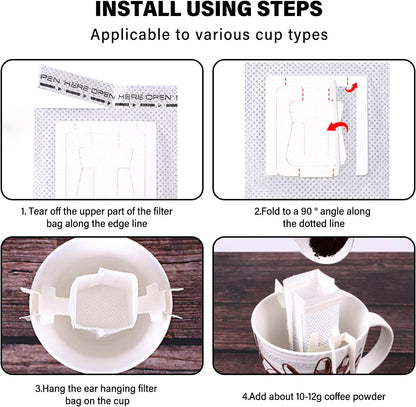 Coffee Filter Bags - with Hanging Loop - Portable Paper Coffee Filters for Most Cups - Travel, Camping, Home, Office - Pack of 100