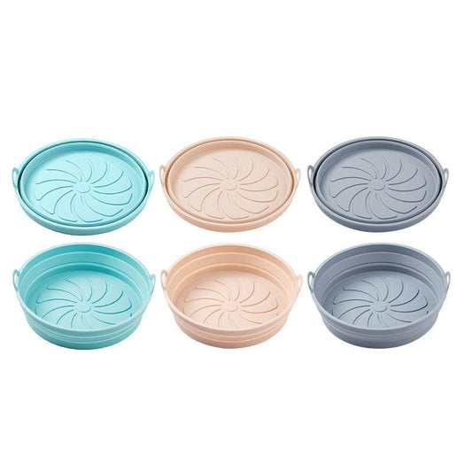 Airfryer silicone baking molds - reusable airfryer basket - baking tray - multifunctional round baking tray - microwave and oven safe - pink + gray + blue - 3 pieces.