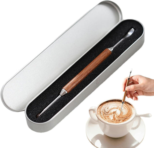 Coffee Latte Art Needle - 304 Stainless Steel Coffee Art Pen - Cappuccino Engraving Pen Double Head - Stainless Steel Espresso Tool - For Latte Decoration - With Wooden Handle.