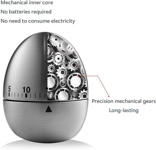 Egg Timer - Kitchen Timer - Analogue Kitchen Timer - Mechanical Kitchen Timer - Timer - Egg - Stainless Steel.