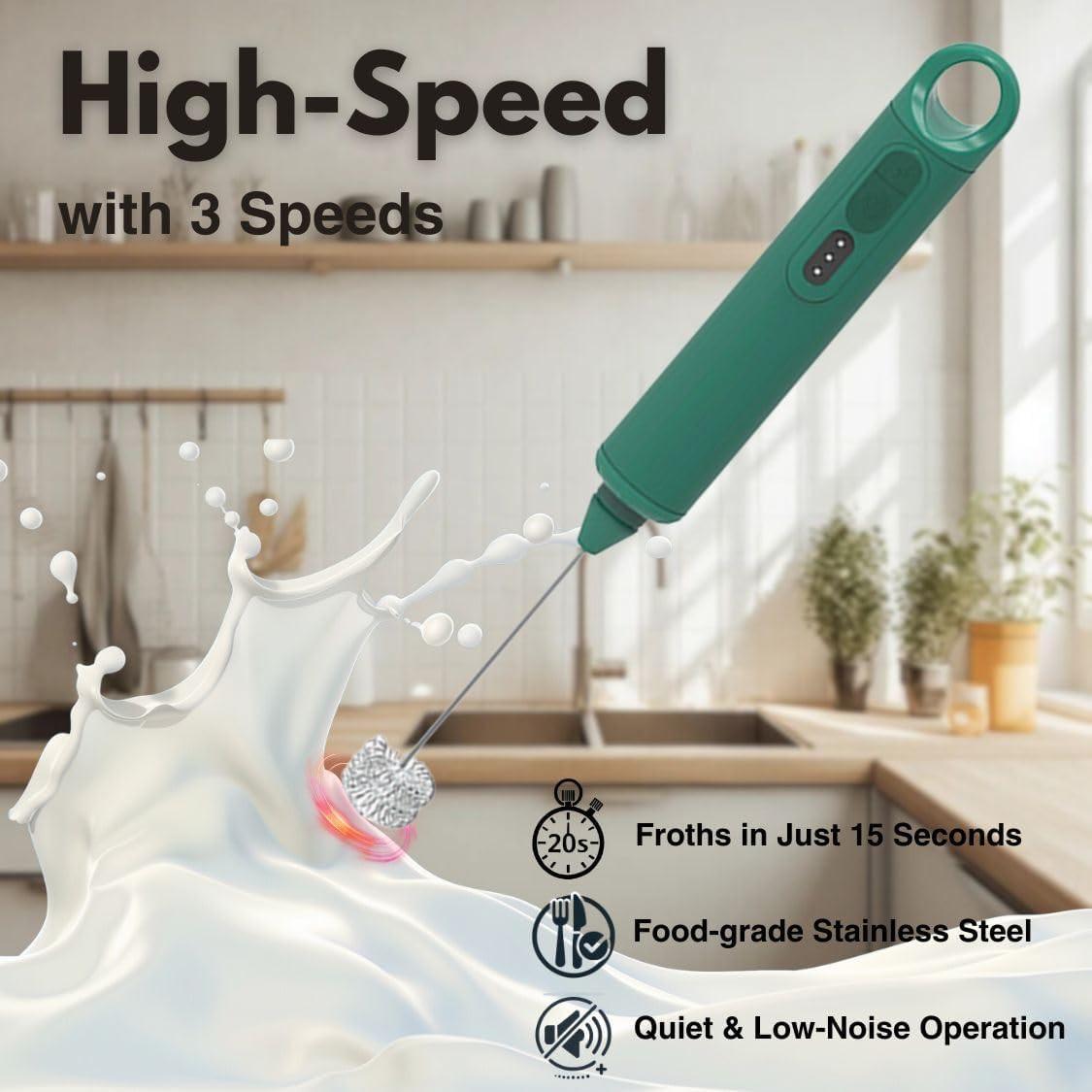 Rechargeable Milk Frother - Handheld Electric Milk Frother with 3 Speeds and 3 Interchangeable Beaters - For Coffee, Latte, Cappuccino, Eggs, Hot Chocolate - USB, Portable, Green.