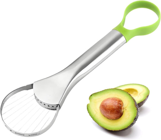 Avocado Slicer â 3-in-1 Avocado Cutting and Pitting Tool â Stainless Steel Pitter, Slicer and Spoon â Multifunctional Fruit Slicer with Green Handle â Kitchen Tool.