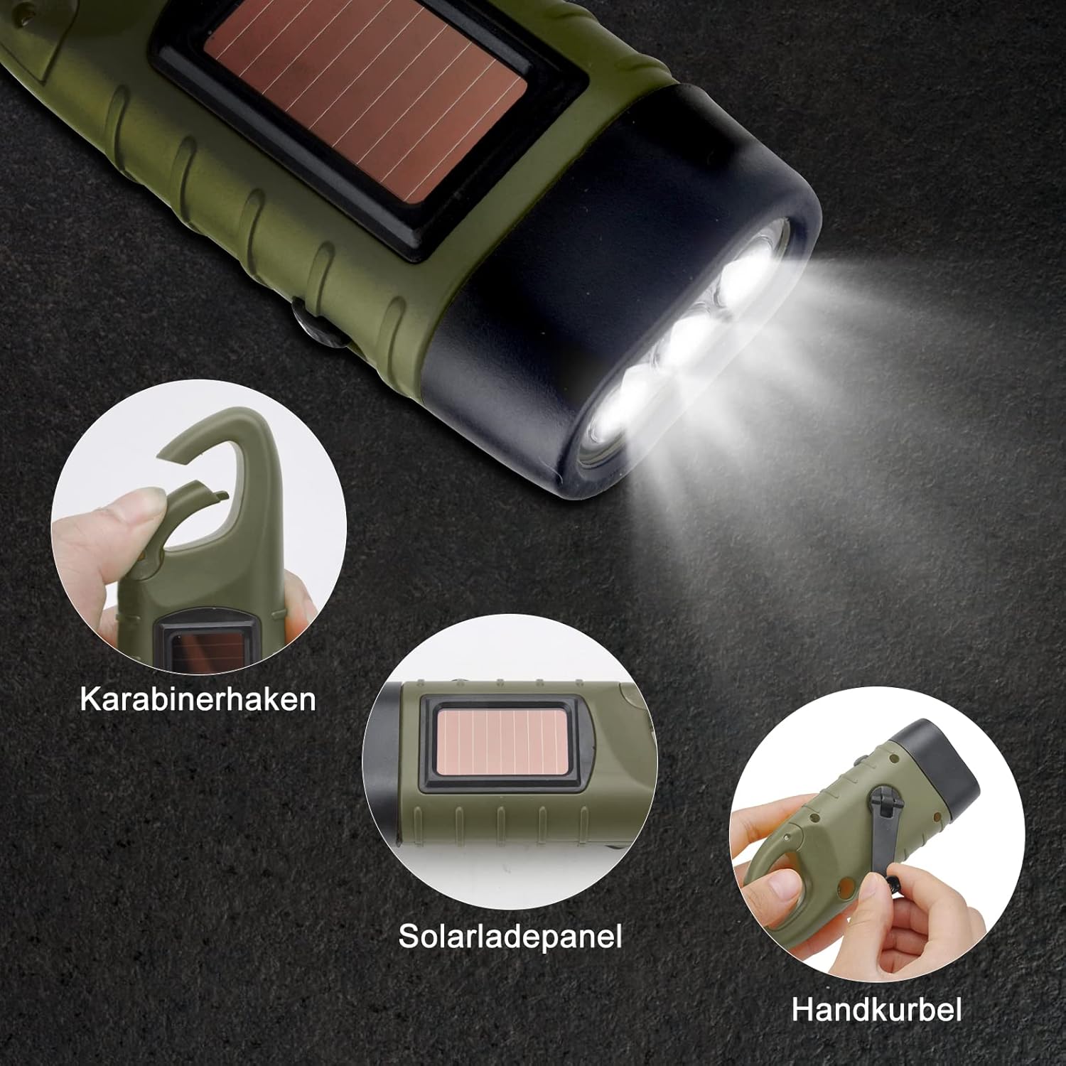Emergency Flashlight - Military Clamp Rechargeable - Dynamo & Solar Powered - For Emergency Kits and Power Outages - Dark Green.