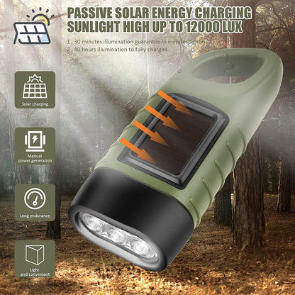 Emergency Flashlight - Military Clamp Rechargeable - Dynamo & Solar Powered - For Emergency Kits and Power Outages - Dark Green.