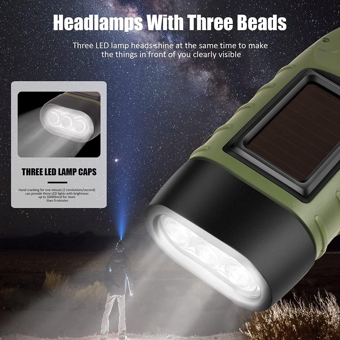 Emergency Flashlight - Military Clamp Rechargeable - Dynamo & Solar Powered - For Emergency Kits and Power Outages - Dark Green.