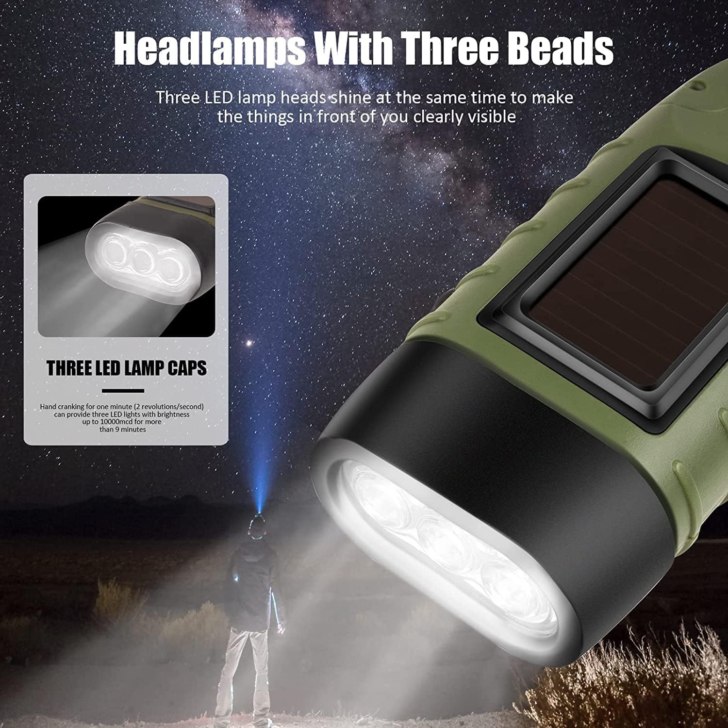 Emergency Flashlight - Military Clamp Rechargeable - Dynamo & Solar Powered - For Emergency Kits and Power Outages - Dark Green.