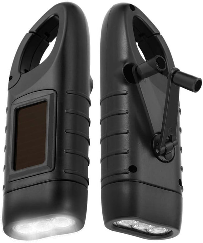 Emergency Flashlight - Military Clamp Rechargeable - Dynamo & Solar Powered - For Emergency Kits and Power Outages - Black - Set of 2. Hover Image