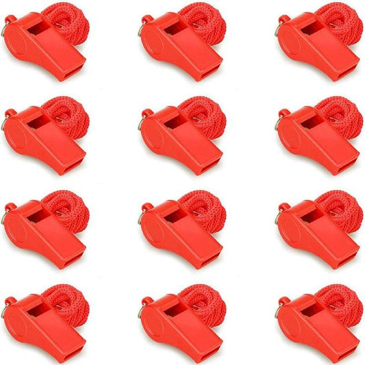 Emergency Whistles with Lanyard - Set of 12 - Loud & Clear Sound - Safety Whistles for Sports & Self-Defense - Red.