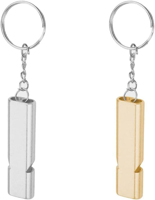 Metal Emergency Whistle - Set of 2 - With Keychain - Loud Signal for Sports, Outdoors & Safety - Silver and Gold.