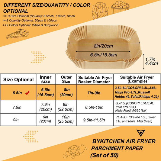 Disposable Airfryer Paper Square - Set of 50 - Brown - Greaseproof Baking Paper for Airfryer - Square Shape.