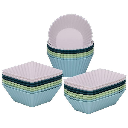 Silicone Muffin Mold Set - 24 Pieces - Reusable Cupcake Molds - Round, Square & Rectangular - Blue & White.