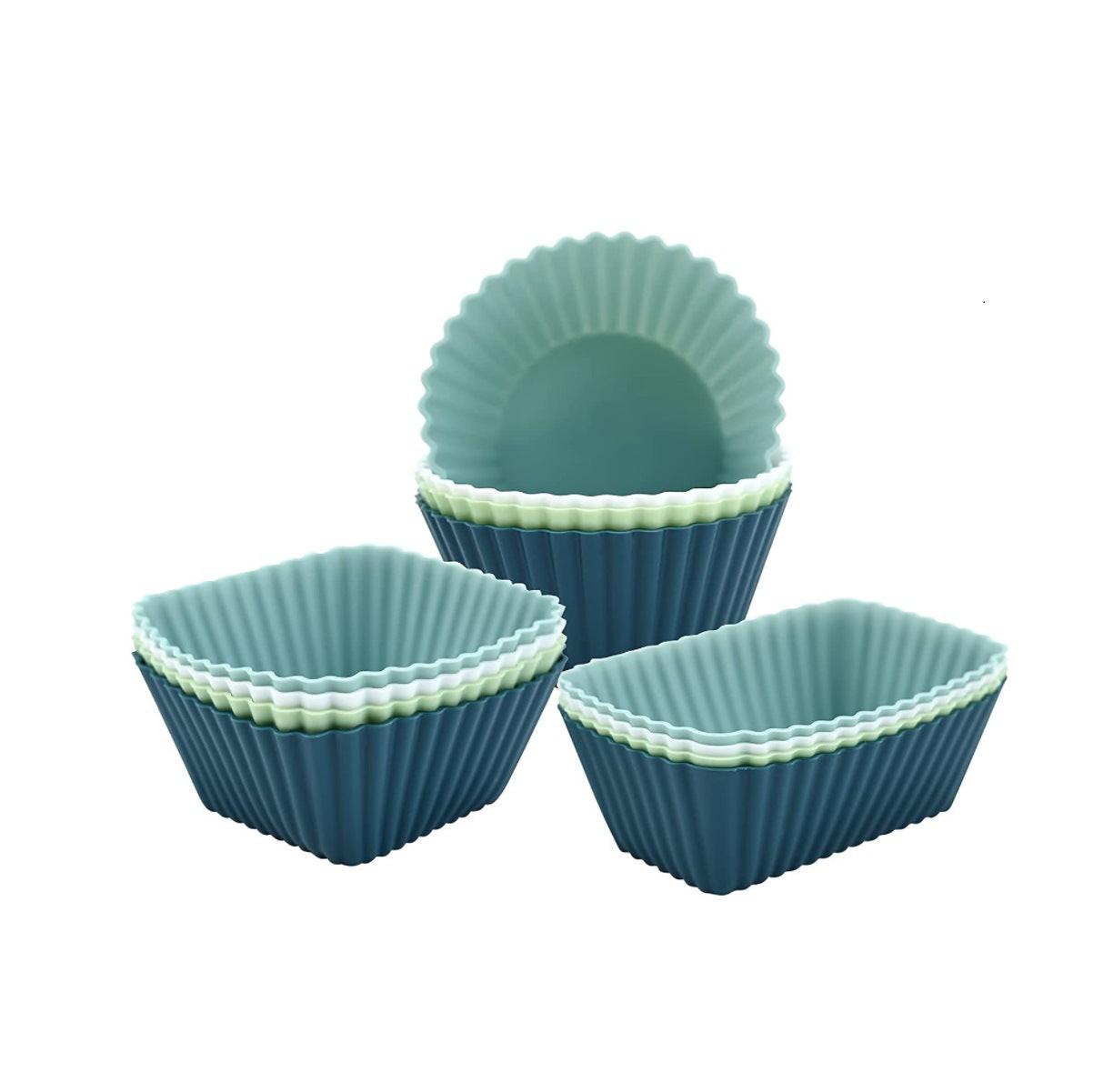 Silicone Muffin Mold Set - 12 Pieces - Reusable Cupcake Molds - Round, Square & Rectangular - Blue.