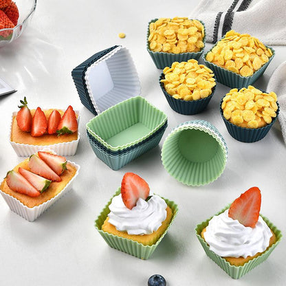 Silicone Muffin Mold Set - 12 Pieces - Reusable Cupcake Molds - Round, Square & Rectangular - Blue.