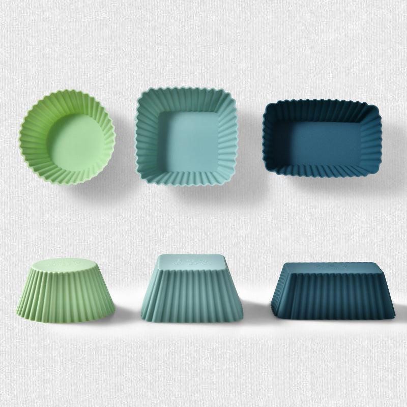 Silicone Muffin Mold Set - 12 Pieces - Reusable Cupcake Molds - Round, Square & Rectangular - Blue.