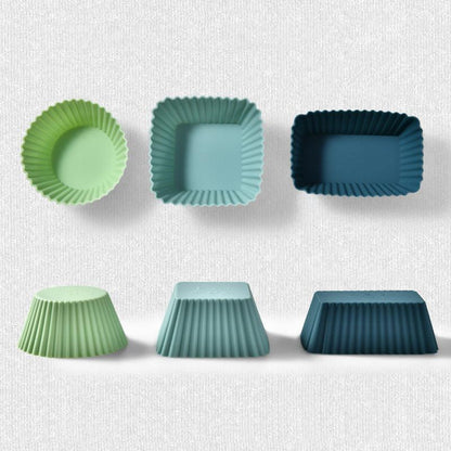 Silicone Muffin Mold Set - 12 Pieces - Reusable Cupcake Molds - Round, Square & Rectangular - Blue.