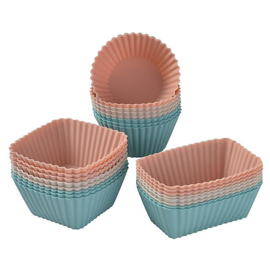 Silicone Muffin Mold Set - 24 Pieces - Reusable Cupcake Molds - Round, Square & Rectangular - Blue & Pink.