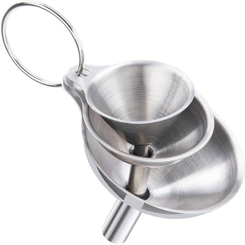 Stainless Steel Funnel Set of 3 - Includes 2 Cleaning Brushes - Kitchen Funnels with Handle - For Liquids, Oil & Spices