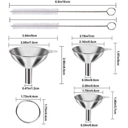 Stainless Steel Funnel Set of 3 - Includes 2 Cleaning Brushes - Kitchen Funnels with Handle - For Liquids, Oil & Spices