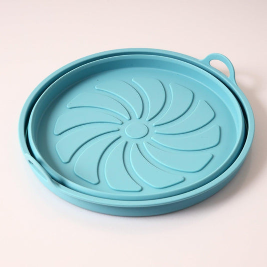 Silicone Airfryer Tray Foldable - Reusable Basket - Heat Resistant & Dishwasher Safe - Round - Blue.