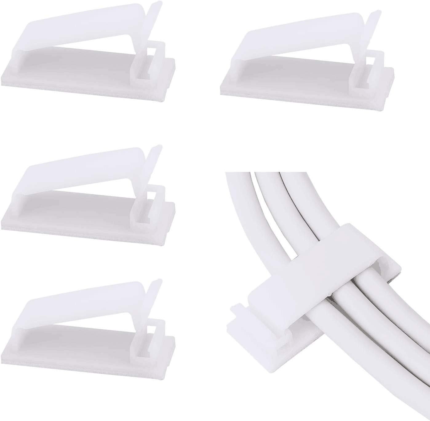 Adjustable Cable Clamps White - Set of 50 - Self-Adhesive Cable Clips - Cable Management for Desk & TV.