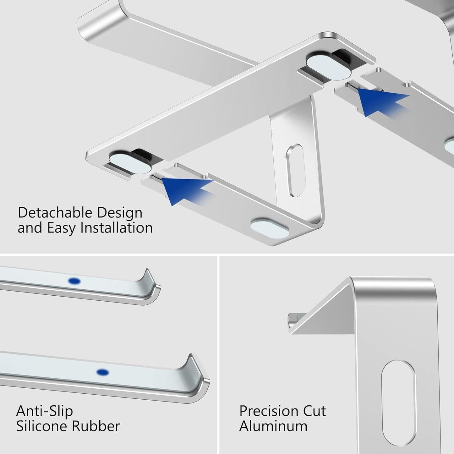 Ergonomic Aluminum Laptop Stand - Removable & Height Adjustable - Suitable for 10-14 inch Notebooks - Metal Silver.
