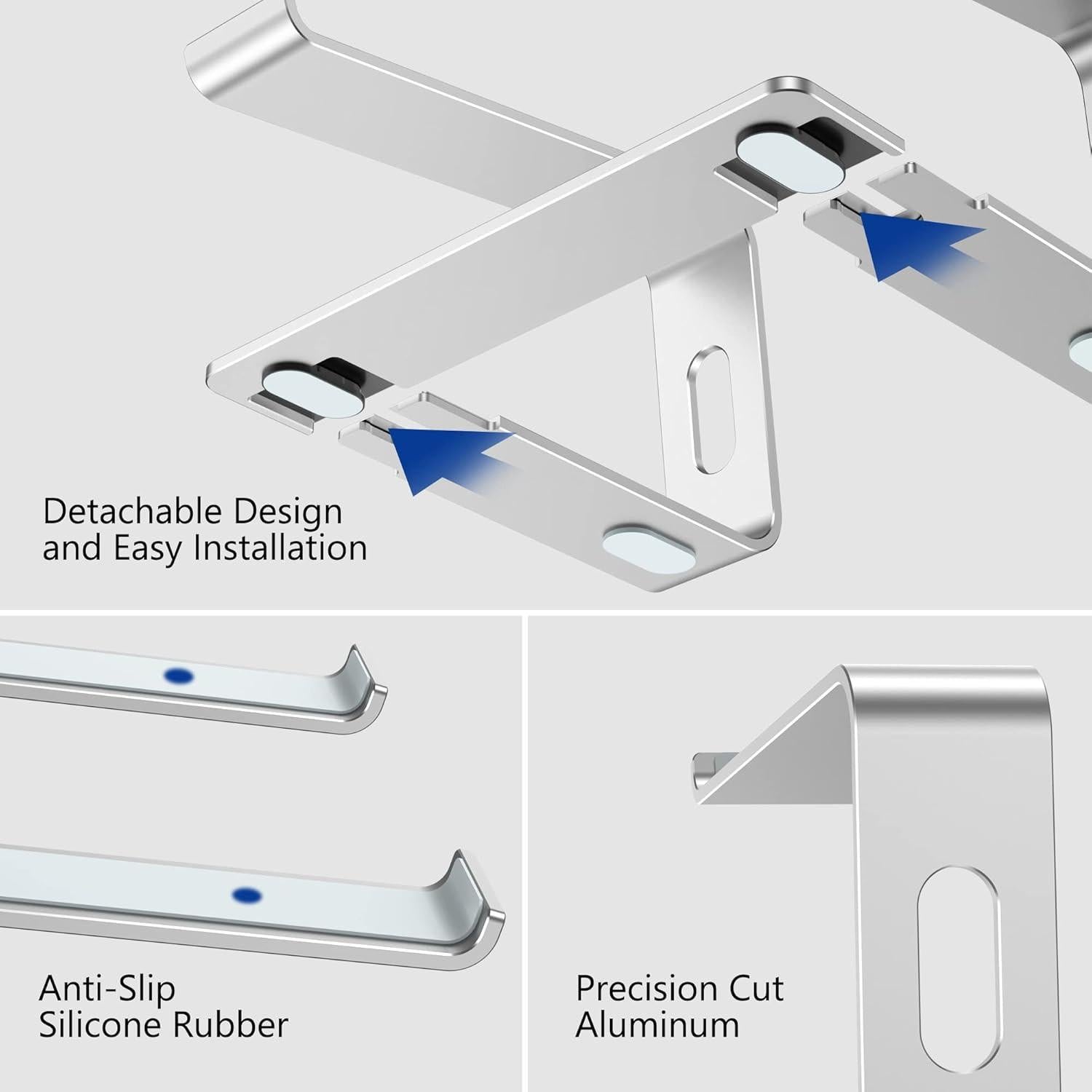 Ergonomic Aluminum Laptop Stand - Removable & Height Adjustable - Suitable for 10-14 inch Notebooks - Metal Silver.