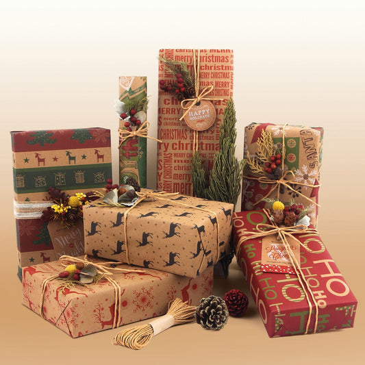 Christmas Wrapping Paper - 6 Sheets - Retro & Vintage Design - Complete Set with 2x Rope, Tape & Stickers - Gift Wrap