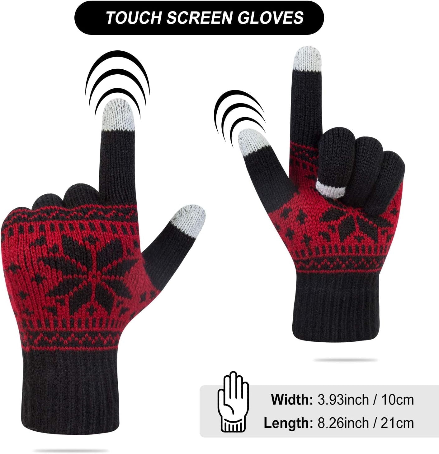 3 Pairs Touch Screen Gloves with Snow Flower Pattern, Warm Knit Winter Gloves Christmas Gifts Stocking Stuffers for Women Black White Red.