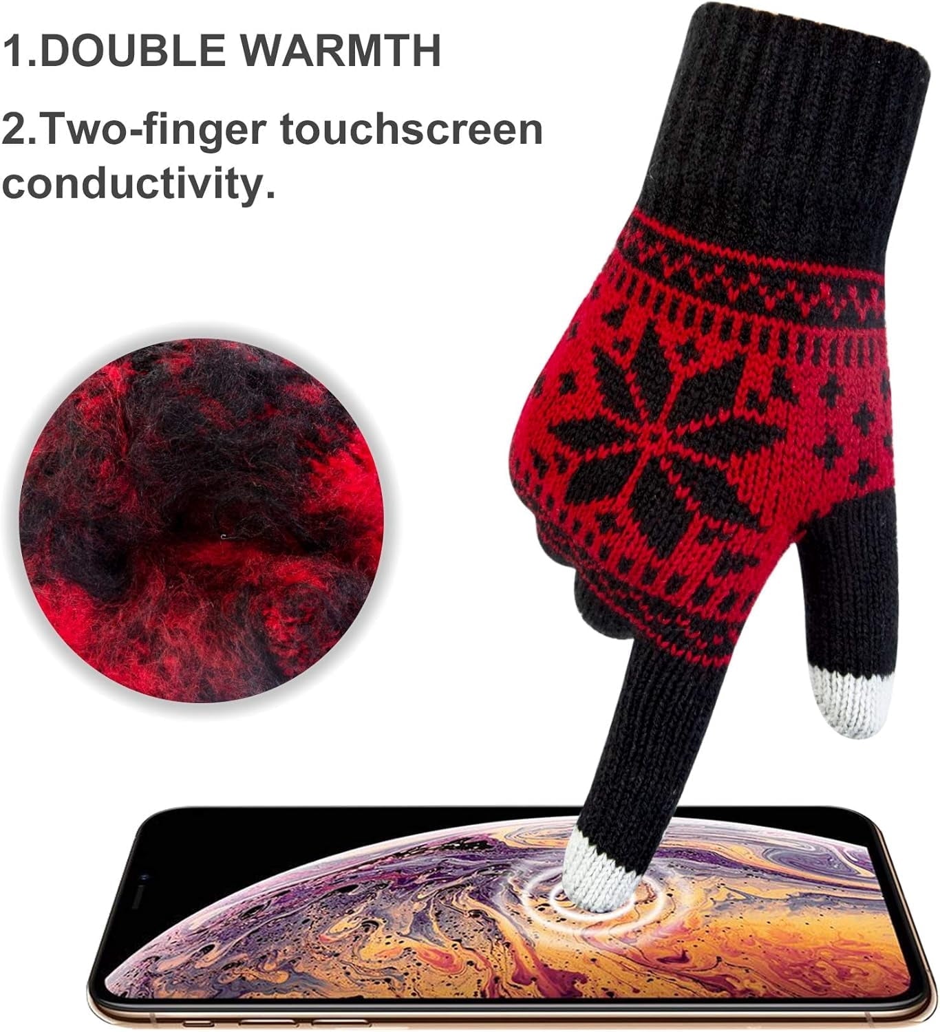 3 Pairs Touch Screen Gloves with Snow Flower Pattern, Warm Knit Winter Gloves Christmas Gifts Stocking Stuffers for Women Black White Red.