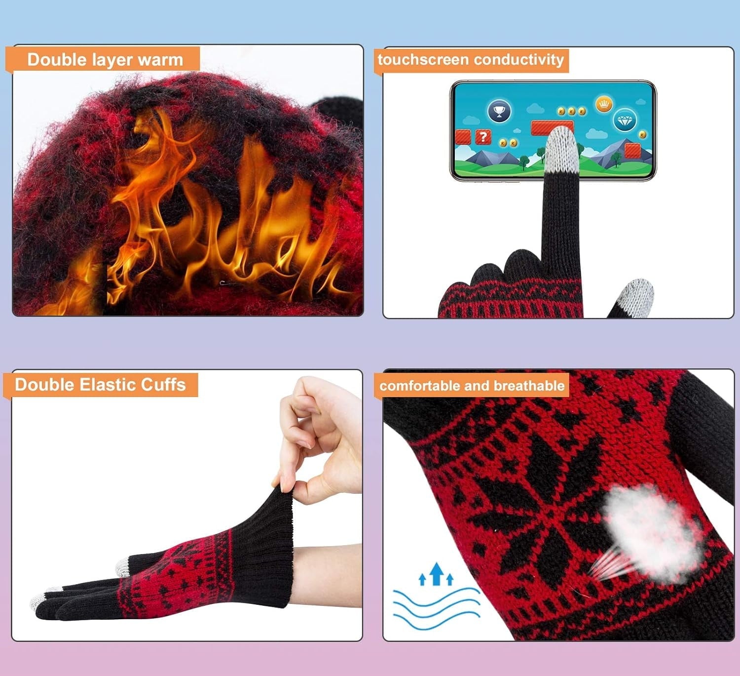 3 Pairs Touch Screen Gloves with Snow Flower Pattern, Warm Knit Winter Gloves Christmas Gifts Stocking Stuffers for Women Black White Red.