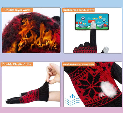3 Pairs Touch Screen Gloves with Snow Flower Pattern, Warm Knit Winter Gloves Christmas Gifts Stocking Stuffers for Women Black White Red.