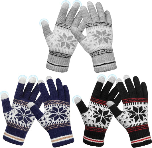 3 Pairs Touch Screen Gloves with Snow Flower Pattern, Warm Knit Winter Gloves Christmas Gifts Stocking Stuffers for Women Gray Navy Blue Black.