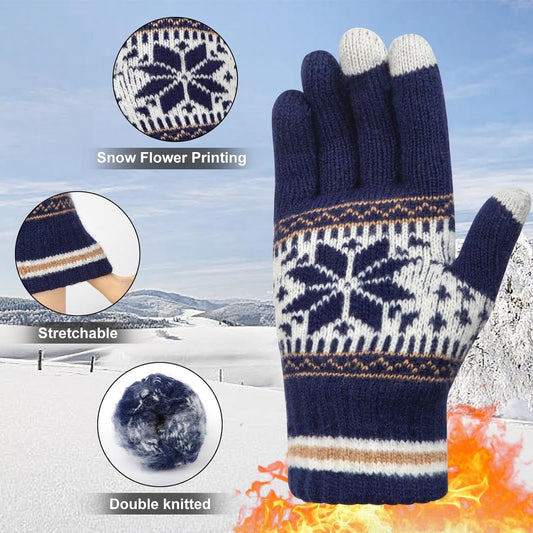 3 Pairs Touch Screen Gloves with Snow Flower Pattern, Warm Knit Winter Gloves Christmas Gifts Stocking Stuffers for Women Gray Navy Blue Black.