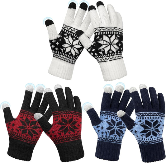 3 Pairs Touch Screen Gloves with Snow Flower Pattern, Warm Knit Winter Gloves Christmas Gifts Stocking Stuffers for Women White Blue Red.