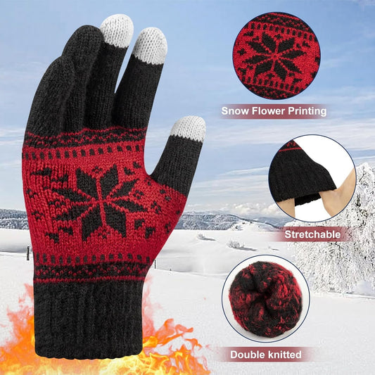 3 Pairs Touch Screen Gloves with Snow Flower Pattern, Warm Knit Winter Gloves Christmas Gifts Stocking Stuffers for Women White Blue Red.