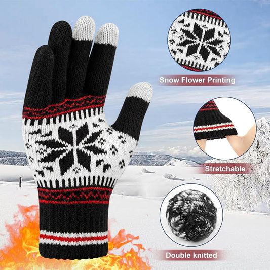 3 Pairs Touch Screen Gloves with Snow Flower Pattern, Warm Knit Winter Gloves Christmas Gifts Stocking Stuffers for Women White Red Black.