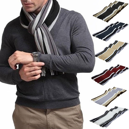 Men's Winter Scarf - Classic Striped Tassel Edge Soft Warm Scarf, Woolen Yarn Knitted Scarf Beige