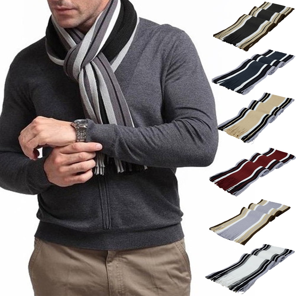 Men's Winter Scarf - Classic Striped Tassel Edge Soft Warm Scarf, Woolen Yarn Knitted Scarf Wine Red