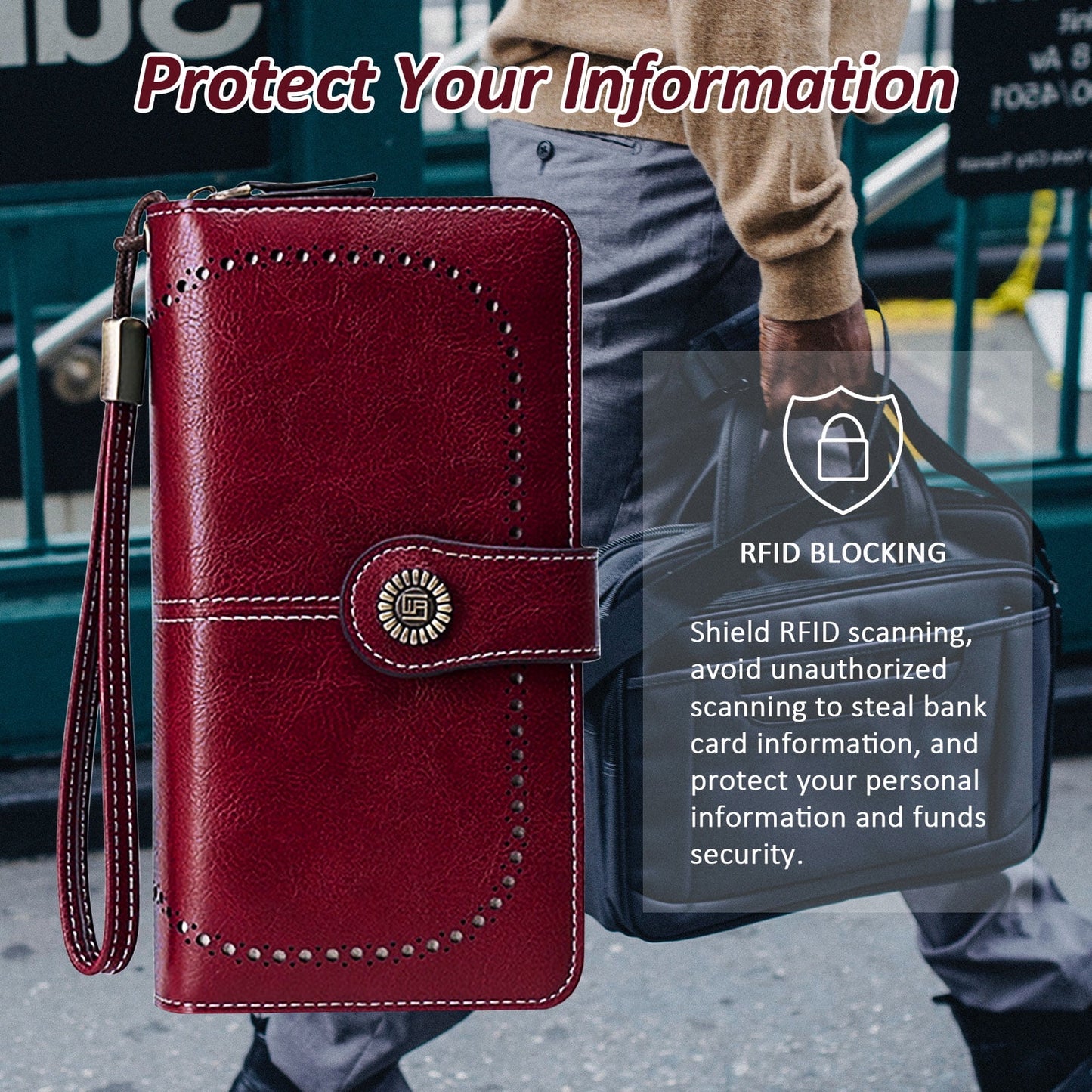 Leather Wallet Women Rfid Blocking Large Capacity, Zip Around Long Wallet - Pu Phone Clutch Purse, Trifold Ladies Wallets Coins Zipper Pocket with Id Window, Card Holder Wristlet, Black Red
