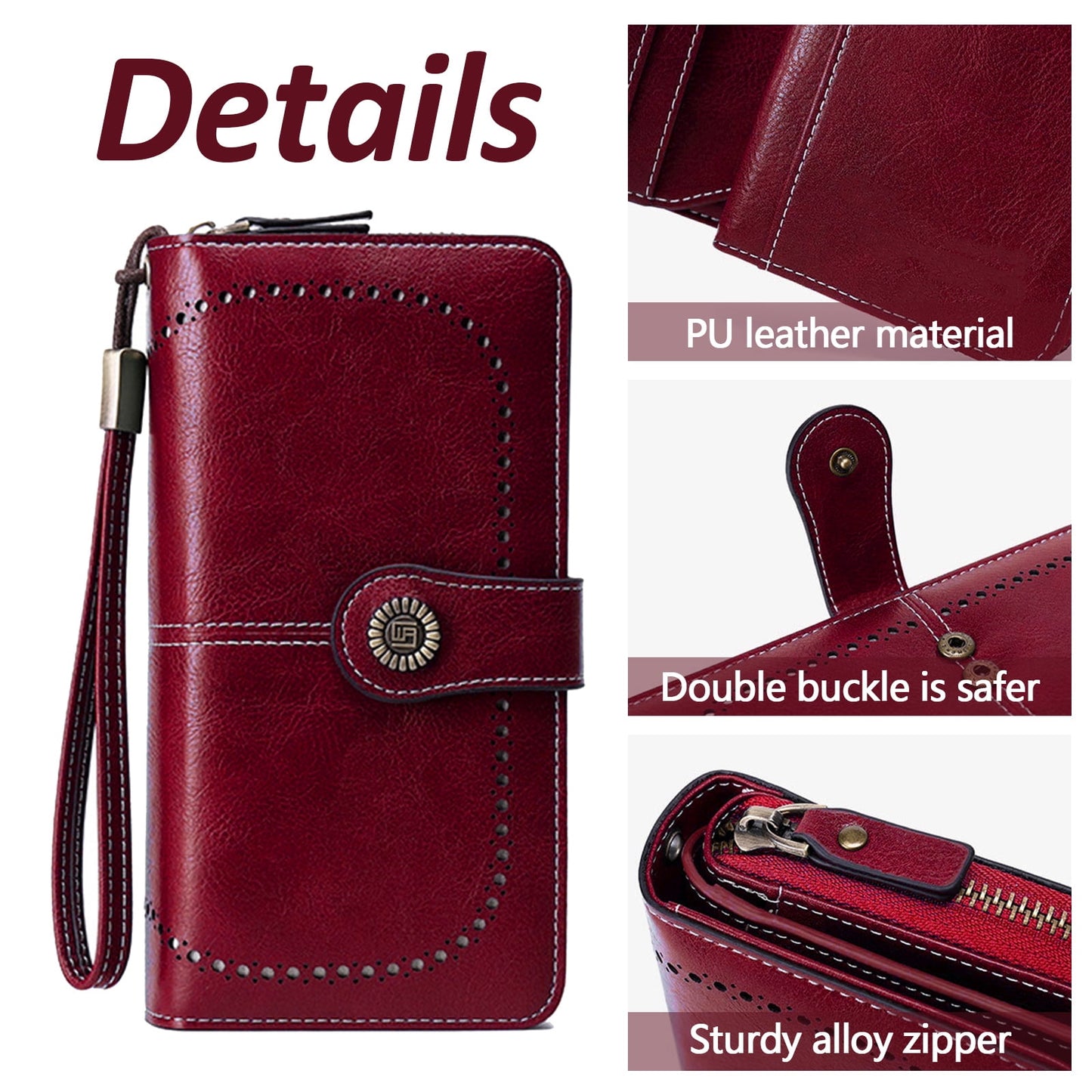 Leather Wallet Women Rfid Blocking Large Capacity, Zip Around Long Wallet - Pu Phone Clutch Purse, Trifold Ladies Wallets Coins Zipper Pocket with Id Window, Card Holder Wristlet, Black Red