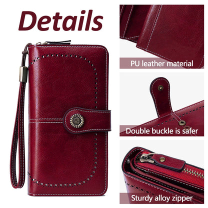 Leather Wallet Women Rfid Blocking Large Capacity, Zip Around Long Wallet - Pu Phone Clutch Purse, Trifold Ladies Wallets Coins Zipper Pocket with Id Window, Card Holder Wristlet, Black Red