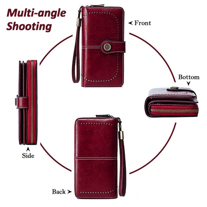 Leather Wallet Women Rfid Blocking Large Capacity, Zip Around Long Wallet - Pu Phone Clutch Purse, Trifold Ladies Wallets Coins Zipper Pocket with Id Window, Card Holder Wristlet, Black Red