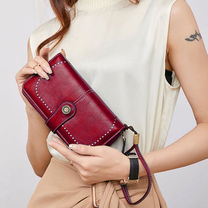 Leather Wallet Women Rfid Blocking Large Capacity, Zip Around Long Wallet - Pu Phone Clutch Purse, Trifold Ladies Wallets Coins Zipper Pocket with Id Window, Card Holder Wristlet, Black Red