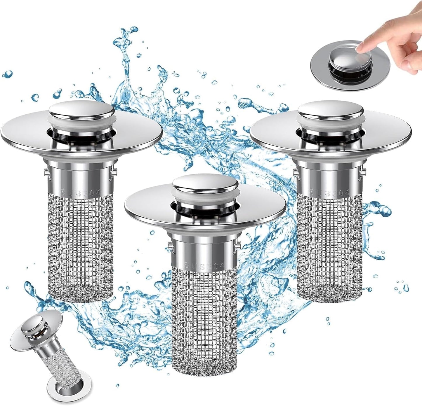 Bathroom Sink Drain Stopper - Pop Up Drain Plug with 1 Replacement Filters Basket, Removable Stainless Steel Floor Drain Filter, Anti Clogging Sink Strainer Hair Catcher for Washroom (Silver)