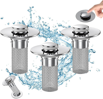 Bathroom Sink Drain Stopper - Pop Up Drain Plug with 1 Replacement Filters Basket, Removable Stainless Steel Floor Drain Filter, Anti Clogging Sink Strainer Hair Catcher for Washroom (Silver)