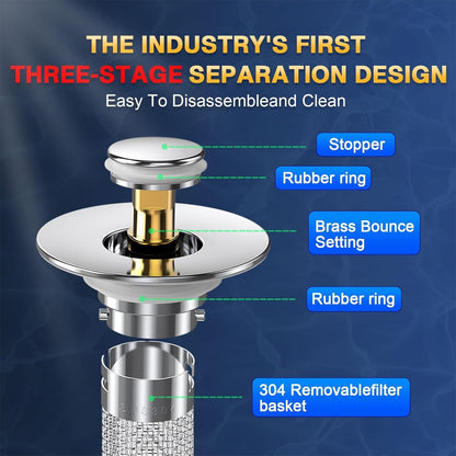 Bathroom Sink Drain Stopper - Pop Up Drain Plug with 1 Replacement Filters Basket, Removable Stainless Steel Floor Drain Filter, Anti Clogging Sink Strainer Hair Catcher for Washroom (Silver)