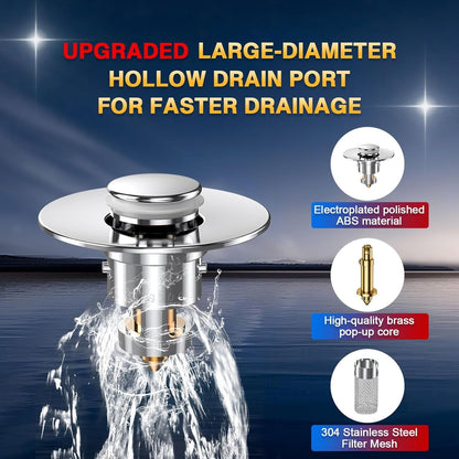 Bathroom Sink Drain Stopper - Pop Up Drain Plug with 1 Replacement Filters Basket, Removable Stainless Steel Floor Drain Filter, Anti Clogging Sink Strainer Hair Catcher for Washroom (Silver)
