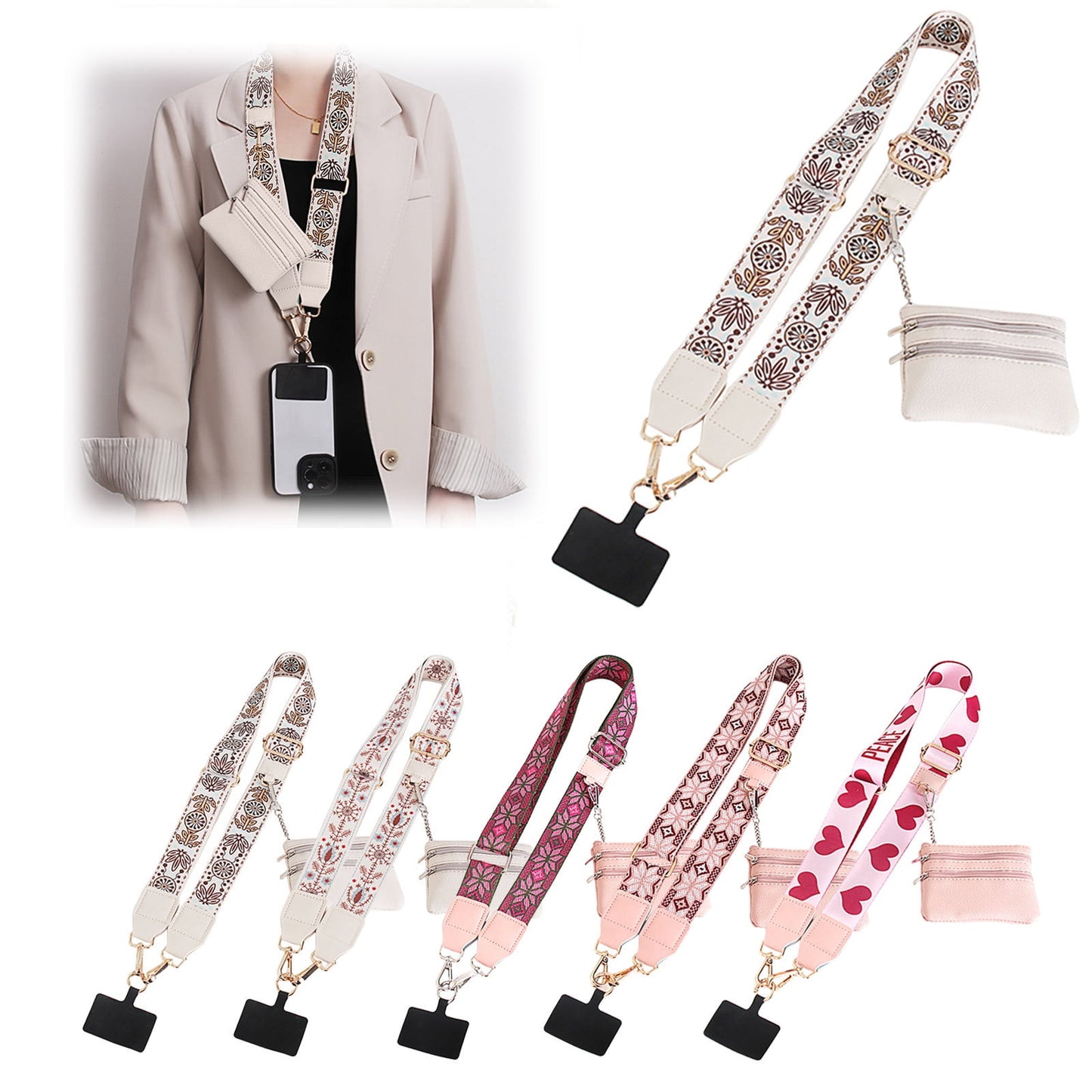 Clip and Go Phone Strap with Zipper Pouch,Crossbody Adjustable Chain Lanyard with PU Leather Wallet for All Phones A